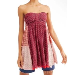 FREE PEOPLE Across The Sea Tunic Ruby Red Floral Colorblock Patch Sweetheart